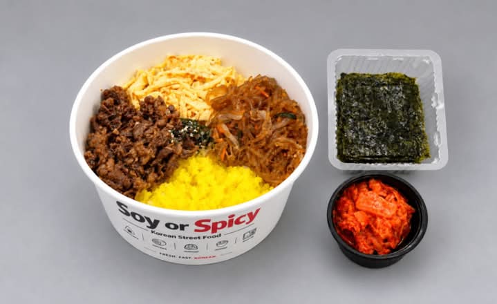 Soy Beef Cupbap with japchae, egg, kimchi and seaweed