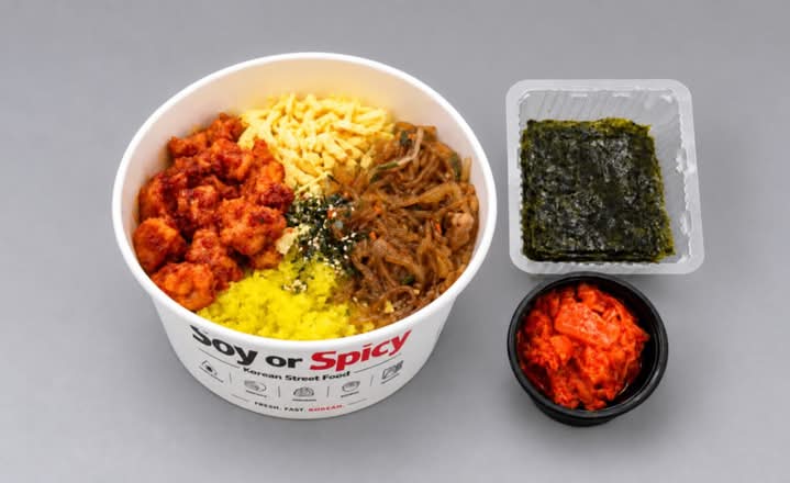Spicy Chicken Cupbap with rice, japchae and Korean sides